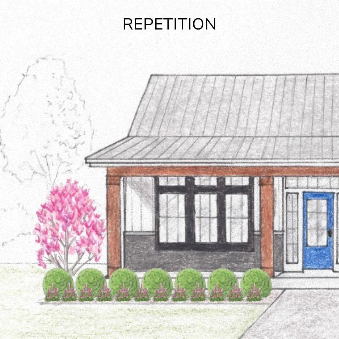 landscape design drawing for front yard landscaping showing house, front porch, blue front door, trees, shrubs, perennials, walkway, porch