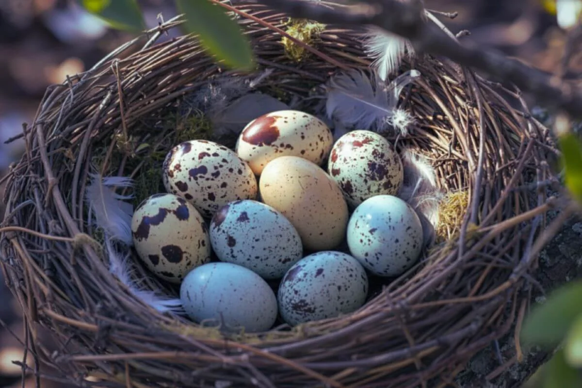 Closeup of birds nest with eggs inside a smart solar powered birdhouse with camera