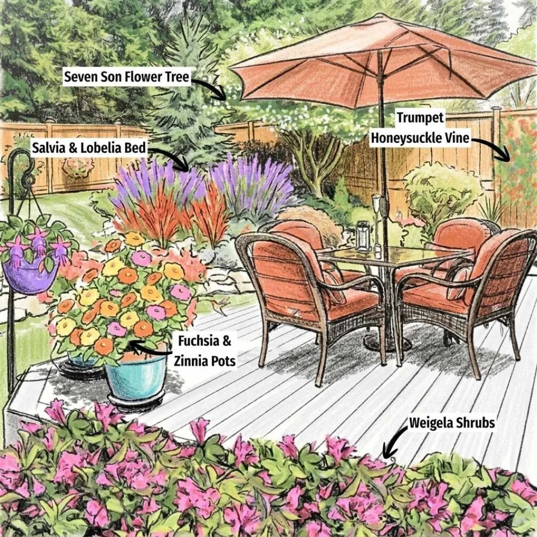 Illustration of a layered hummingbird garden with trees, shrubs, vines, perennials, and annuals surrounding a fenced backyard with a deck and patio furniture.