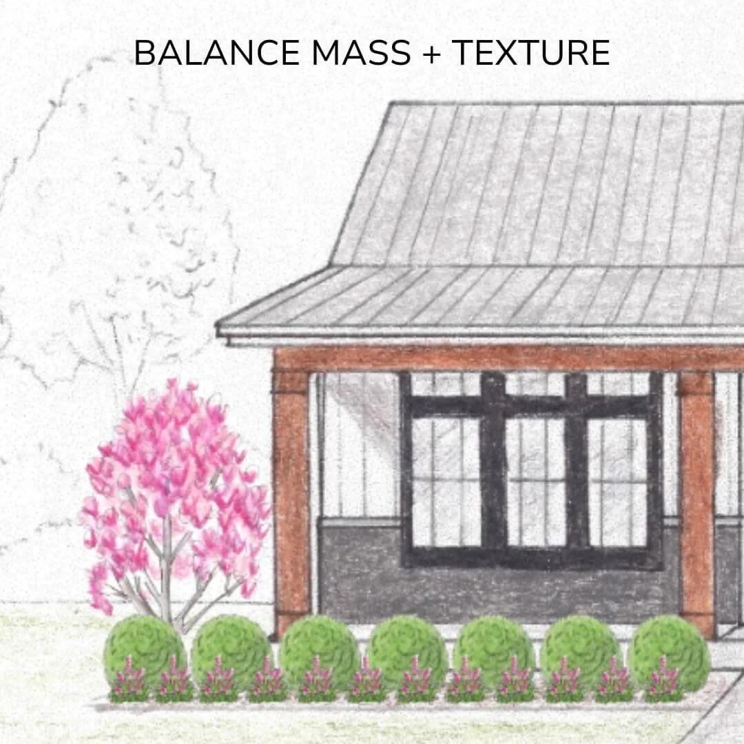 landscape design drawing for front yard landscaping showing house, front porch, blue front door, trees, shrubs, perennials, walkway, porch