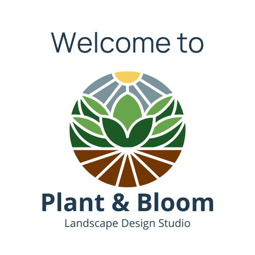 logo with garden soil plants leaves sky sun text overlay saying welcome to plant & bloom landscape design studio