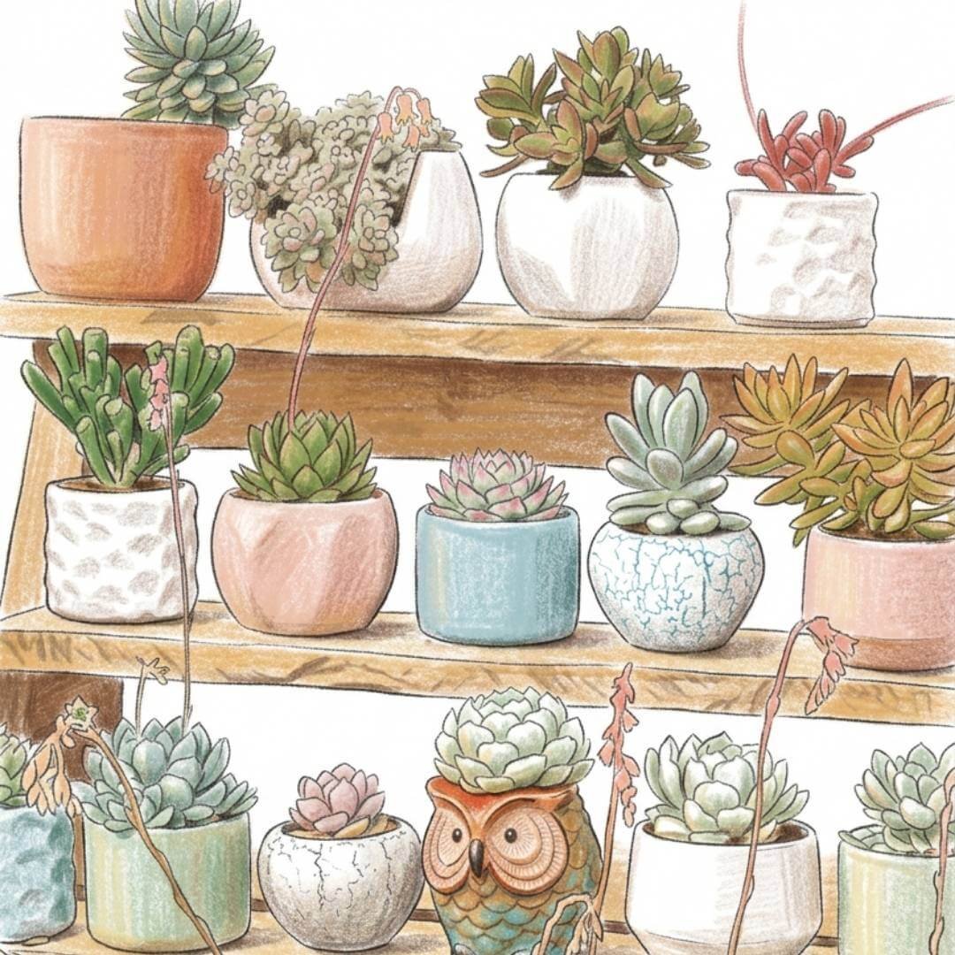 Illustration of small succulent plants in decorative pots arranged on shelves