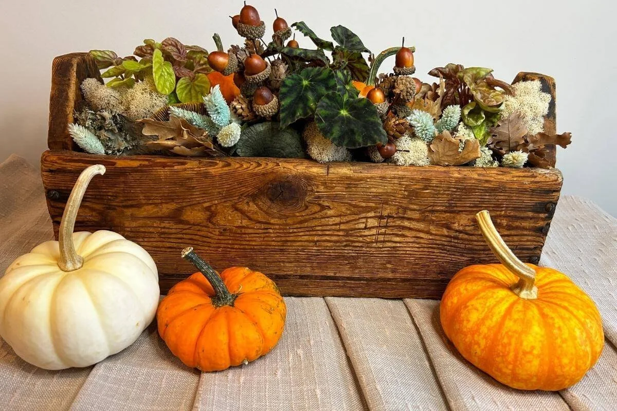 thanksgiving centerpiece with pumpkins acorns leaves dried flowers moss lichens in wood trough on tan tablecloth white interior wall