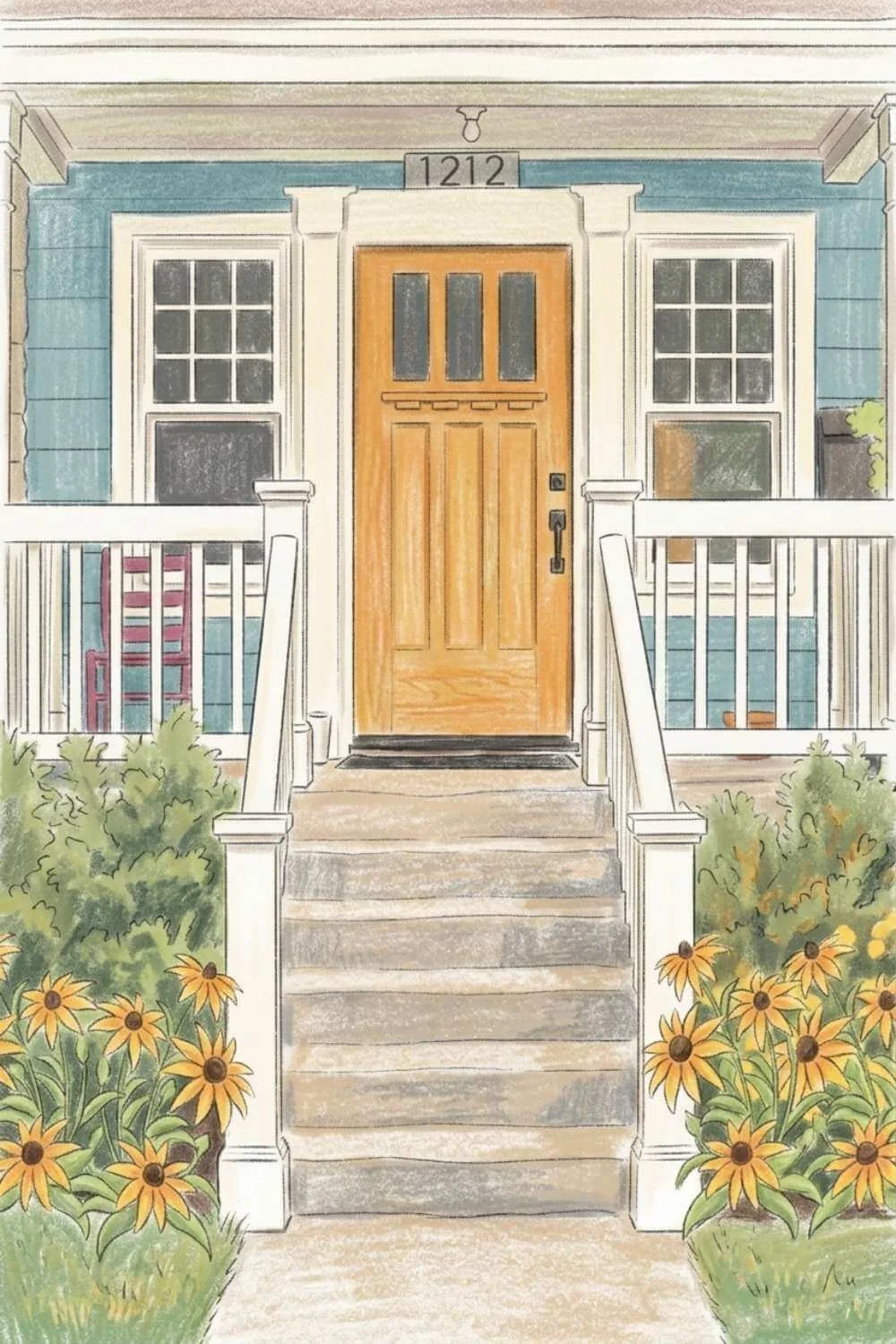 Illustrated front porch steps flanked by black eyed Susan front yard flowers with brown centers