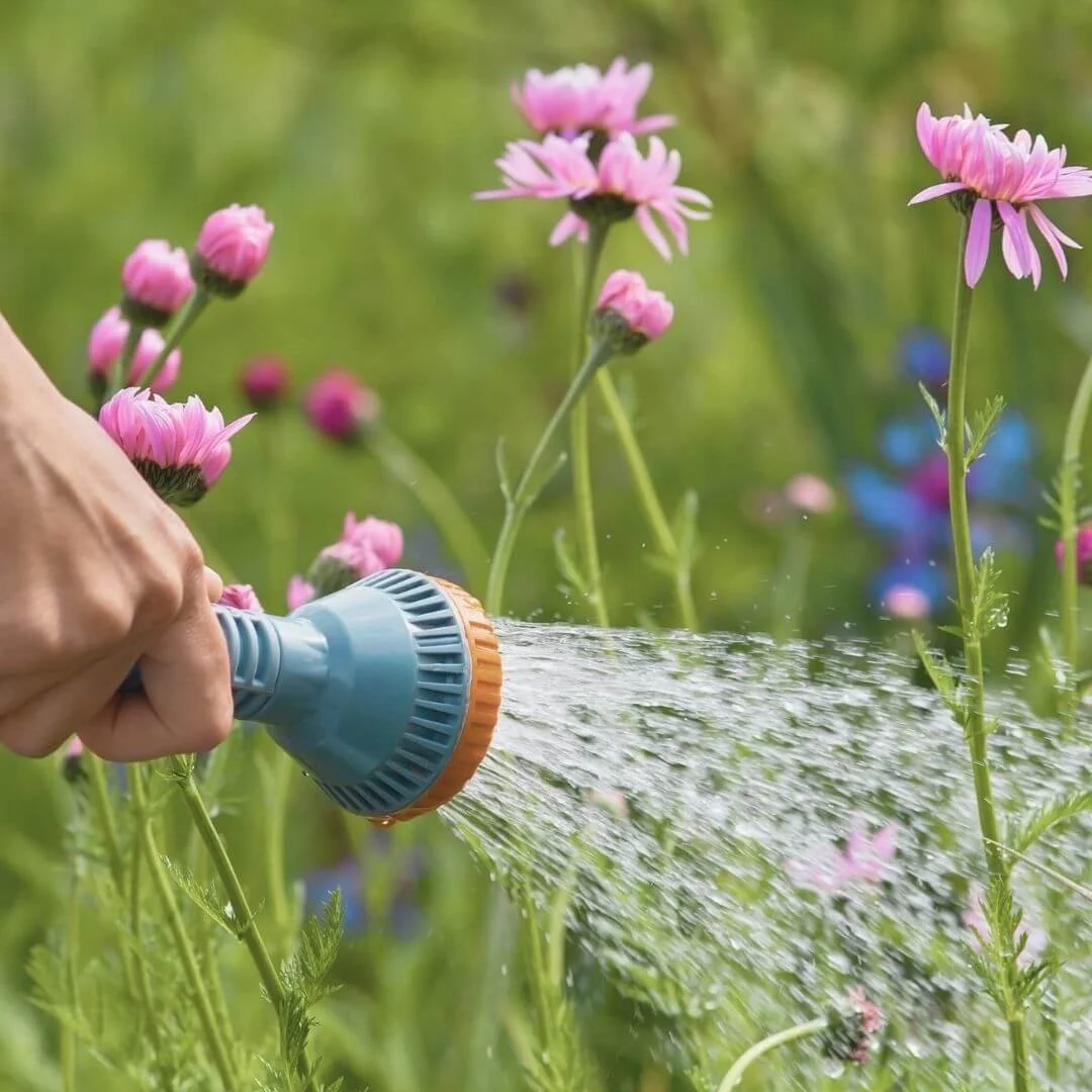 Hand holding a garden hose watering tall pink flowers in a garden bed