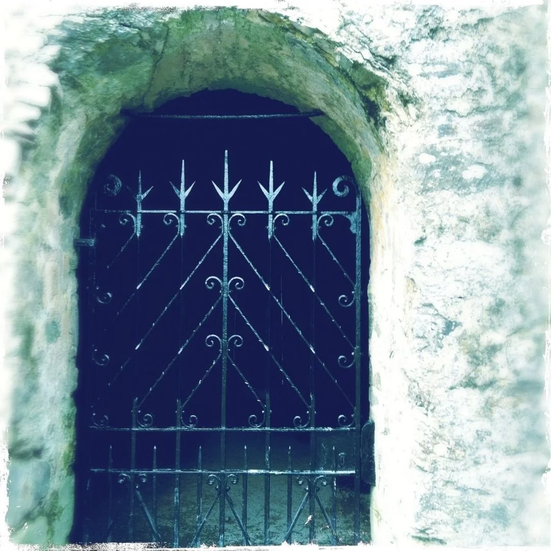 goth garden gate made of black iron on stucco building
