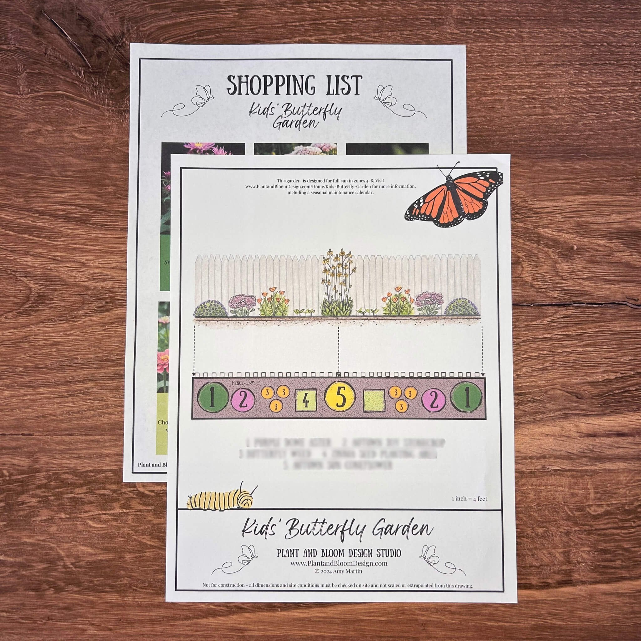 2 pages of paper showing free landscape designs for a kids butterfly garden on top of a wooden surface