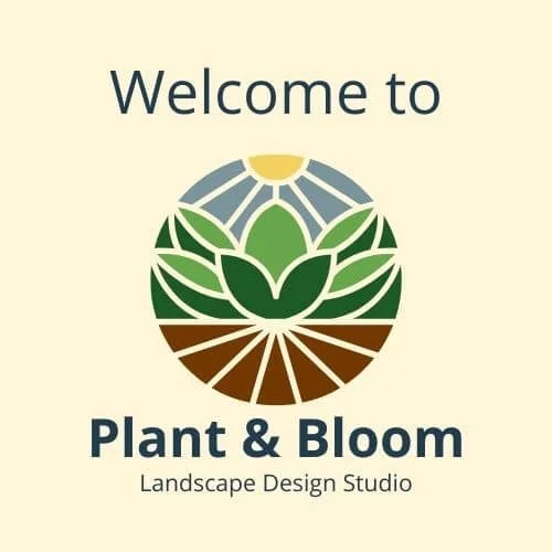 logo with plants, soil, sky, sun and text overlay welcome to plant & bloom landscape design studio