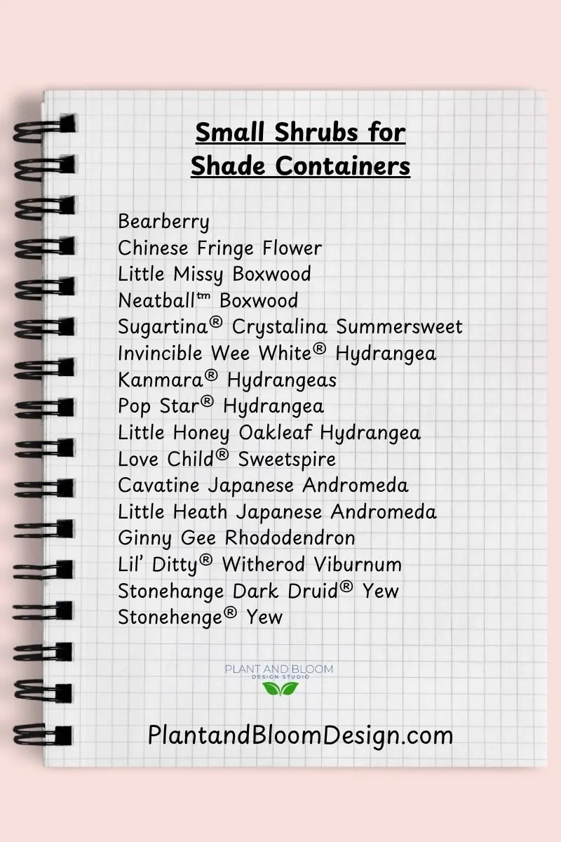 graph paper notebook with spiral binding showing text list of small shrubs for containers for shade