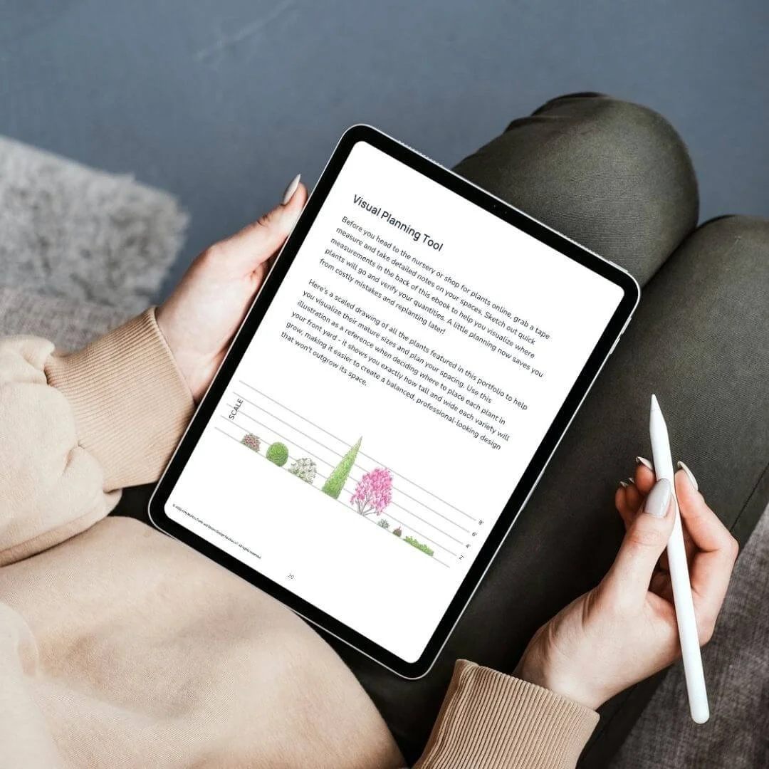 woman lap with iPad resting on it and hand holding pencil with digital mockup on screen of front yard landscaping plant palette full sun zones 4-8-2.jpg
