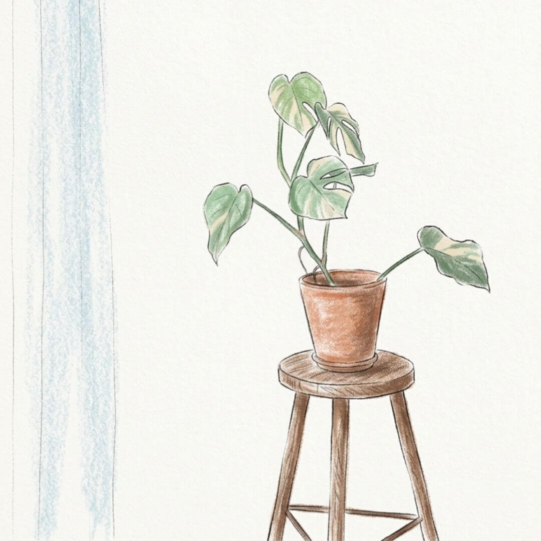 Illustration of a single houseplant on a stool in a bright room