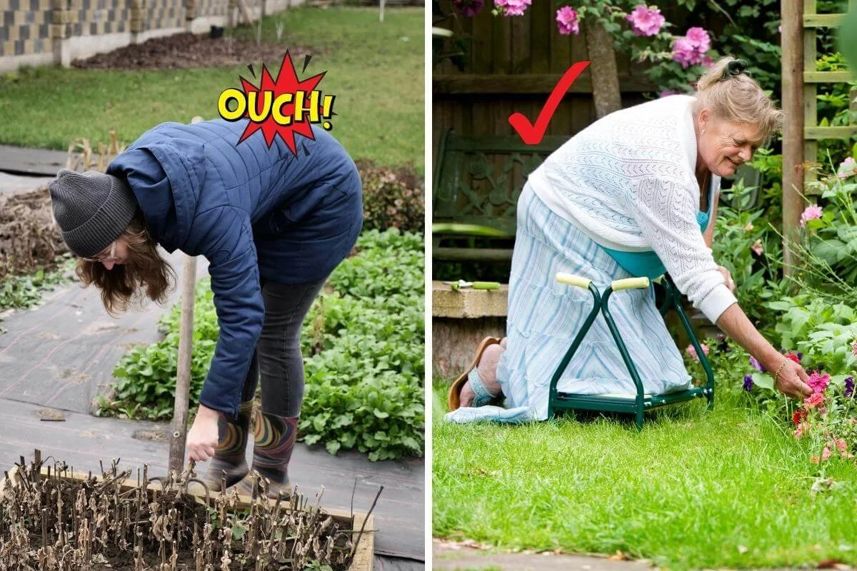 Side by side comparison of incorrect kneeling form in garden versus correct form using a garden kneeler seat with tool pouches