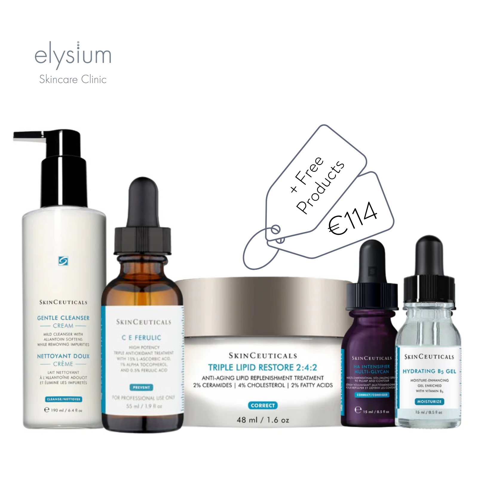 SkinCeuticals Bundle  3x Full size products ( Gentle Cleanser, CE Ferulic, Triple Lipid Restore) + 2x FREE Travel Size Products worth € 114.00)