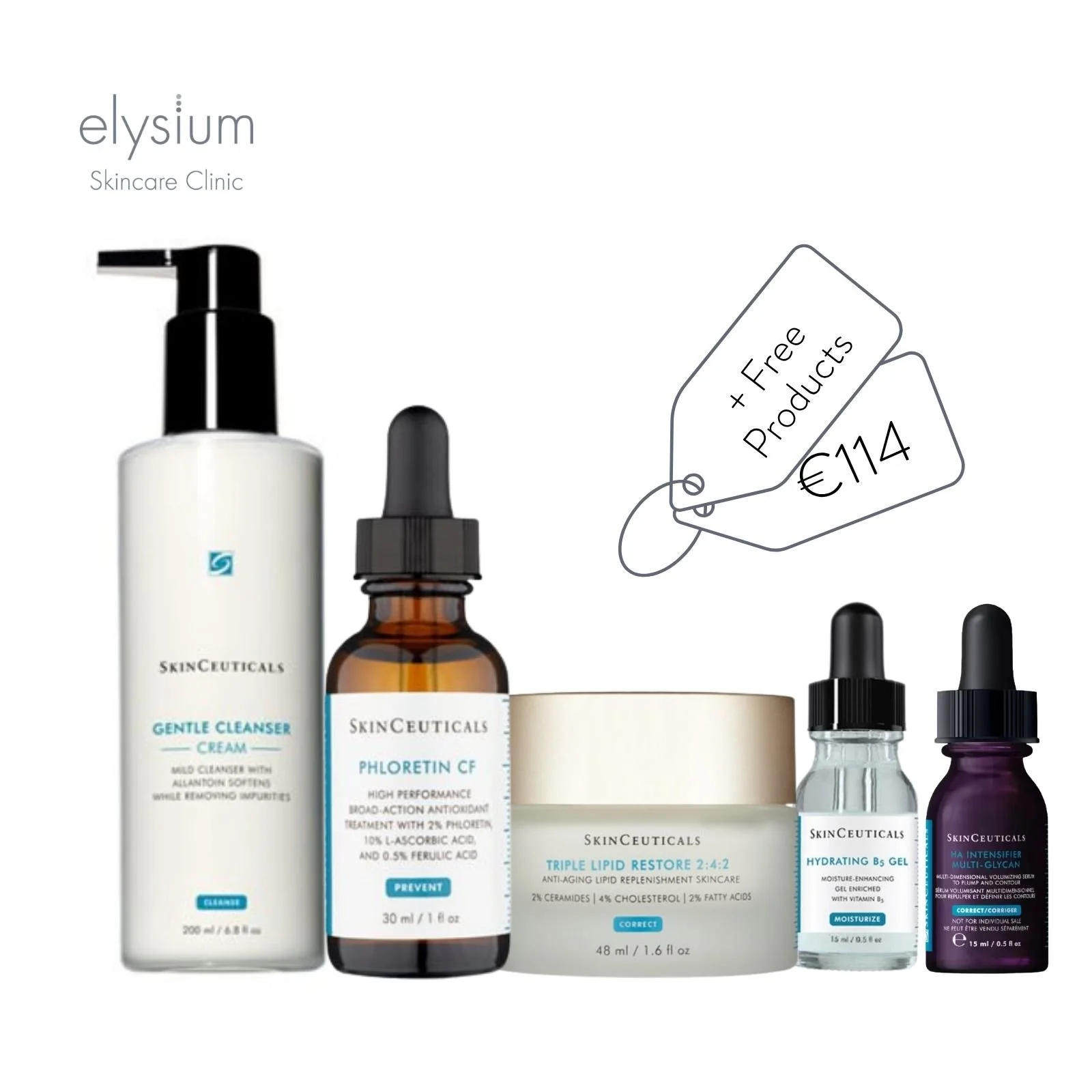 SkinCeuticals Bundle 3x Full size products ( Gentle Cleanser, Phloretin CF, Triple Lipid Restore) + 2x FREE Travel Size Products worth € 114.00)