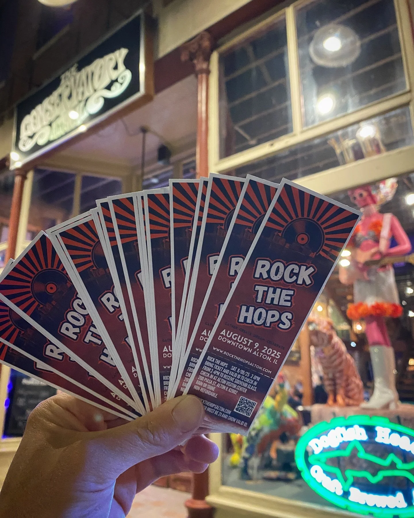 Gettin&rsquo; out on this beautiful night? Why not go oogle the schmoogle at Alton&rsquo;s art bar @the_conservatory_ and grab a few early bird tix for RtH &lsquo;25 while you&rsquo;re at it?!

@kooliverse 

#rockthehops #rockthehops2025 #altonillino