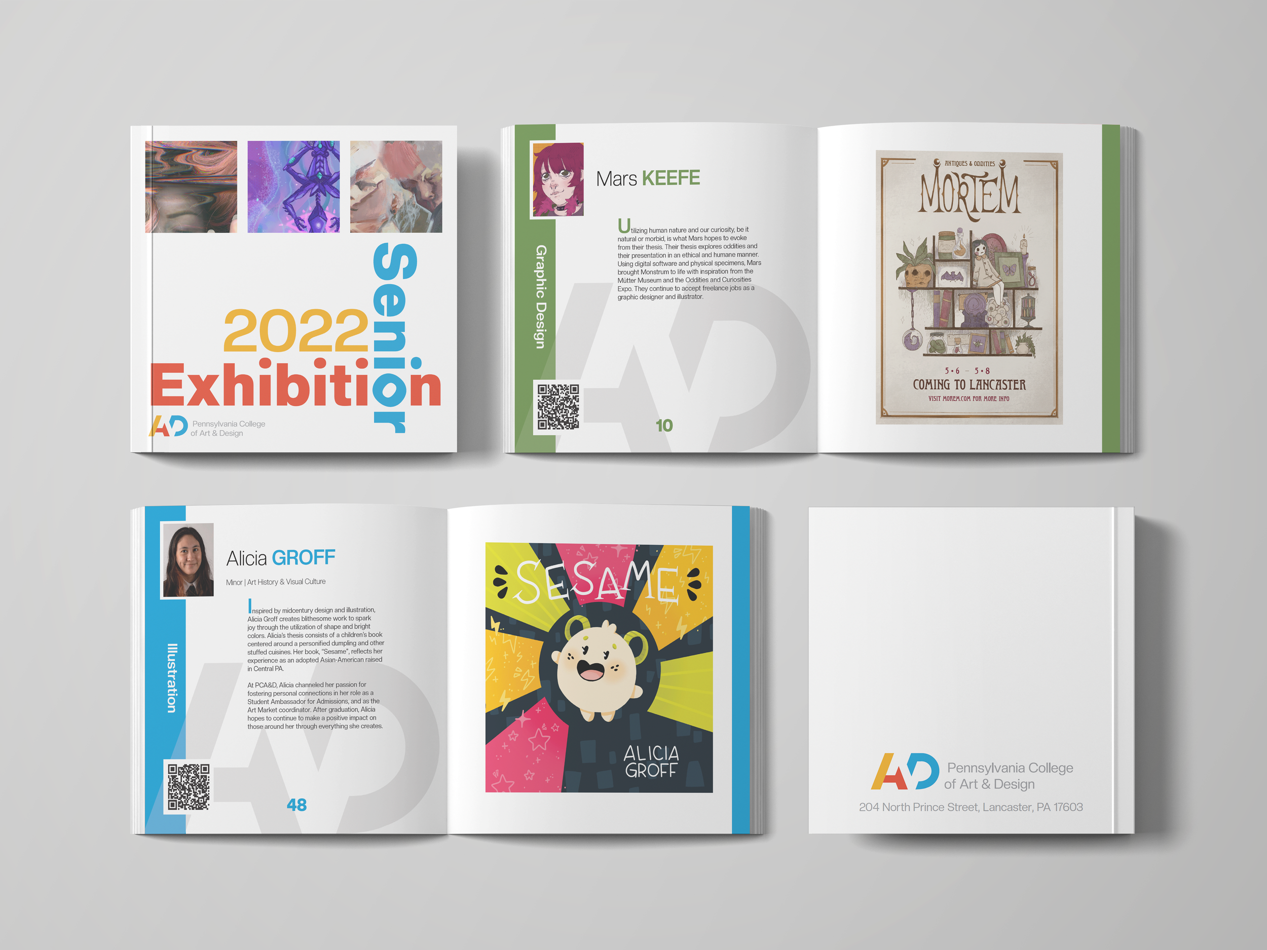 A mockup of the front cover of the PCA&D 2022 Senior Exhibition Catalog. The front shows a typographic design along with three squares along the top of art you will see in the book. It also shows two spreads of a graphic design student and an illustr
