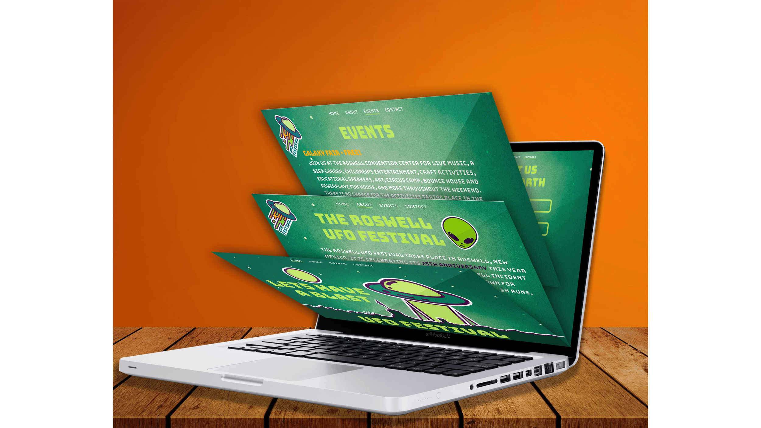 A mockup that showcases all the pages created on a website redesign to fit with the new branding. The pages included in the redesign is a home page, an about page, an events page, and a contact page.