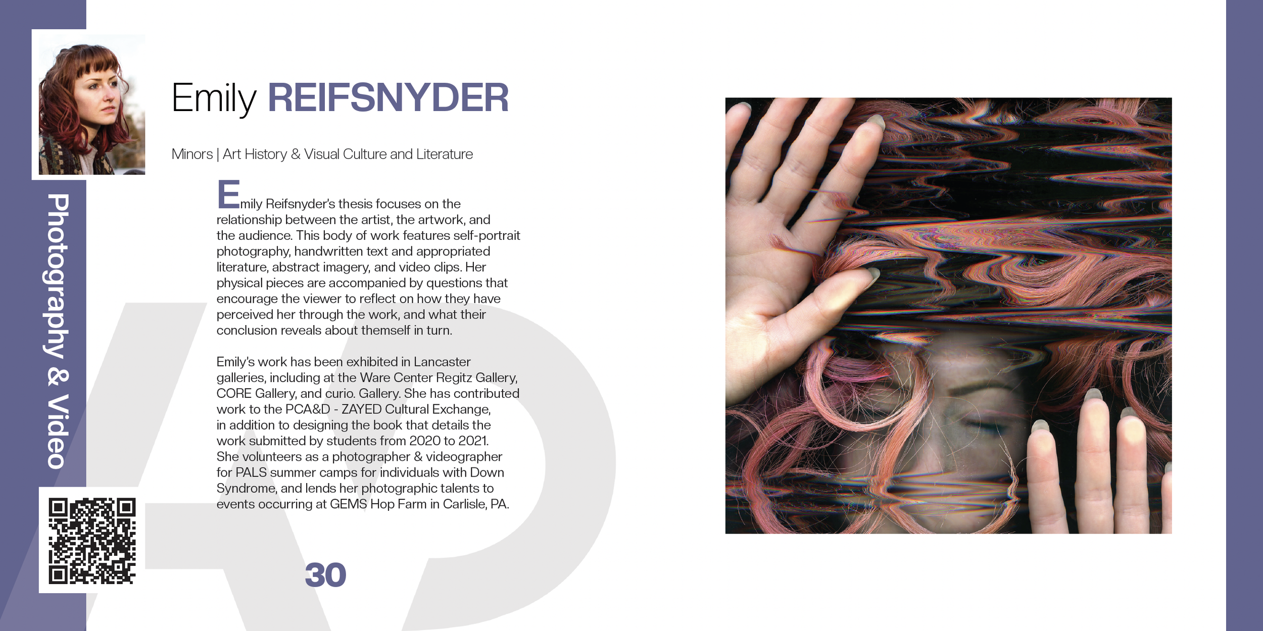 An up-close look at what a spread in the book would look like. This spread includes Emily Reifsnyder, a photography major, and shows her bio about herself and her work. It also includes a piece of art from her thesis.