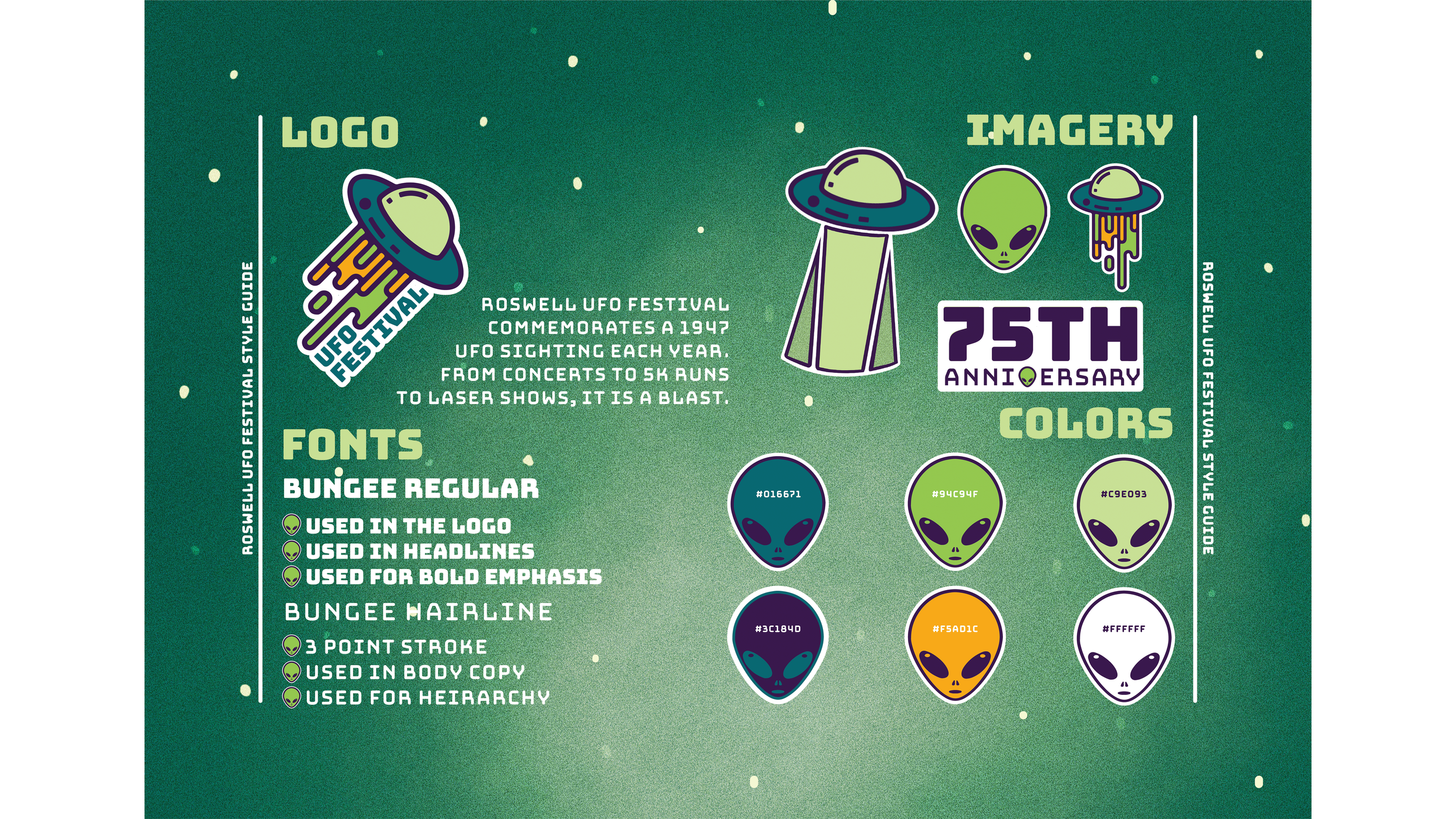 A style guide of the UFO Festival rebrand. On the top left is the logo and the mission statement of the event. Under the logo and mission is the fonts used in the design, At the top right is the collection of imagery used throughout the rebranding. T
