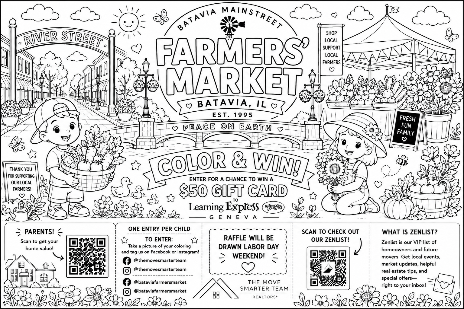 Batavia Farmers’ Market coloring contest page by The Move Smarter Team featuring summer community giveaway for kids and families in Batavia Illinois