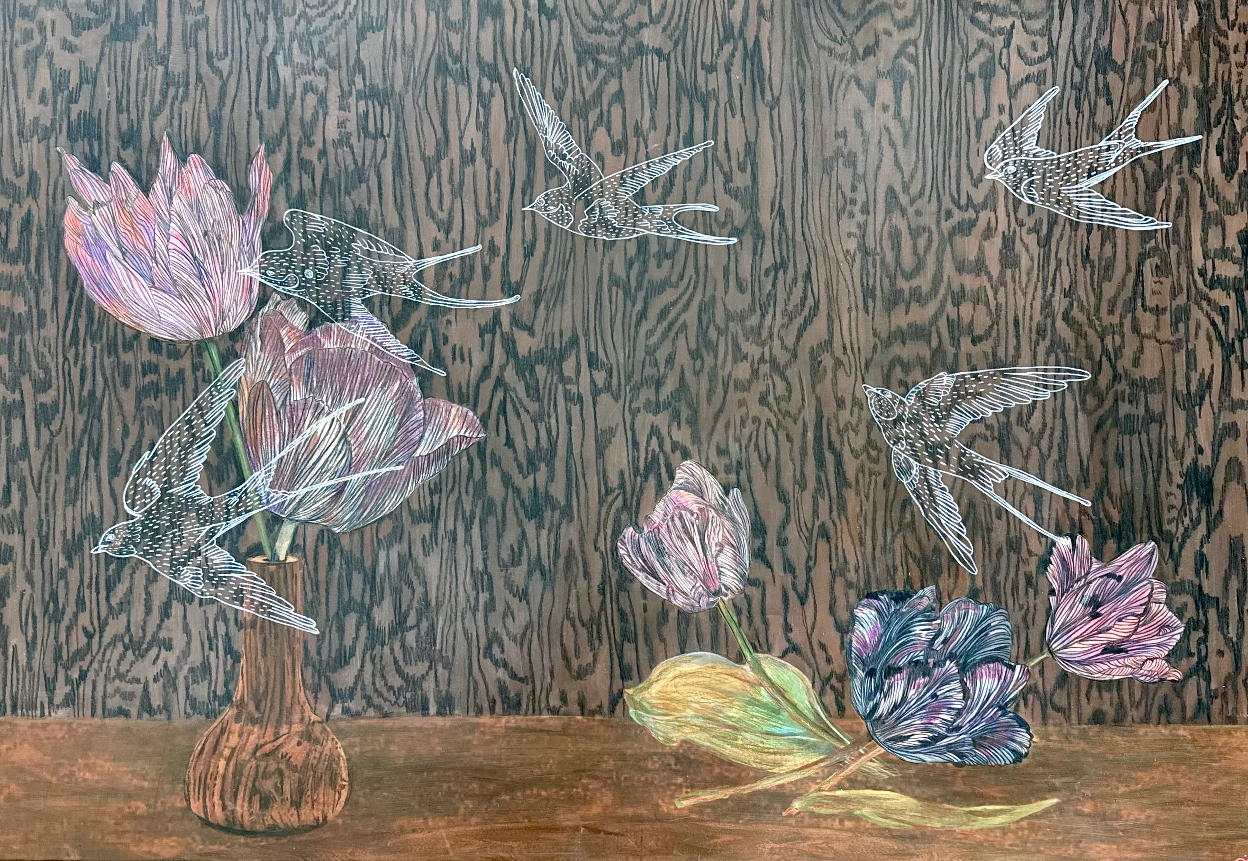 “Ghost Birds Through Timberline”
Acrylic and Oil Pencil on Paper mounted on board
36” × 24” — $2900

Parrot tulips symbolize extravagance, imagination, and bold individuality.  Swallows represent devotion, resilience, freedom, and the instinct to kee