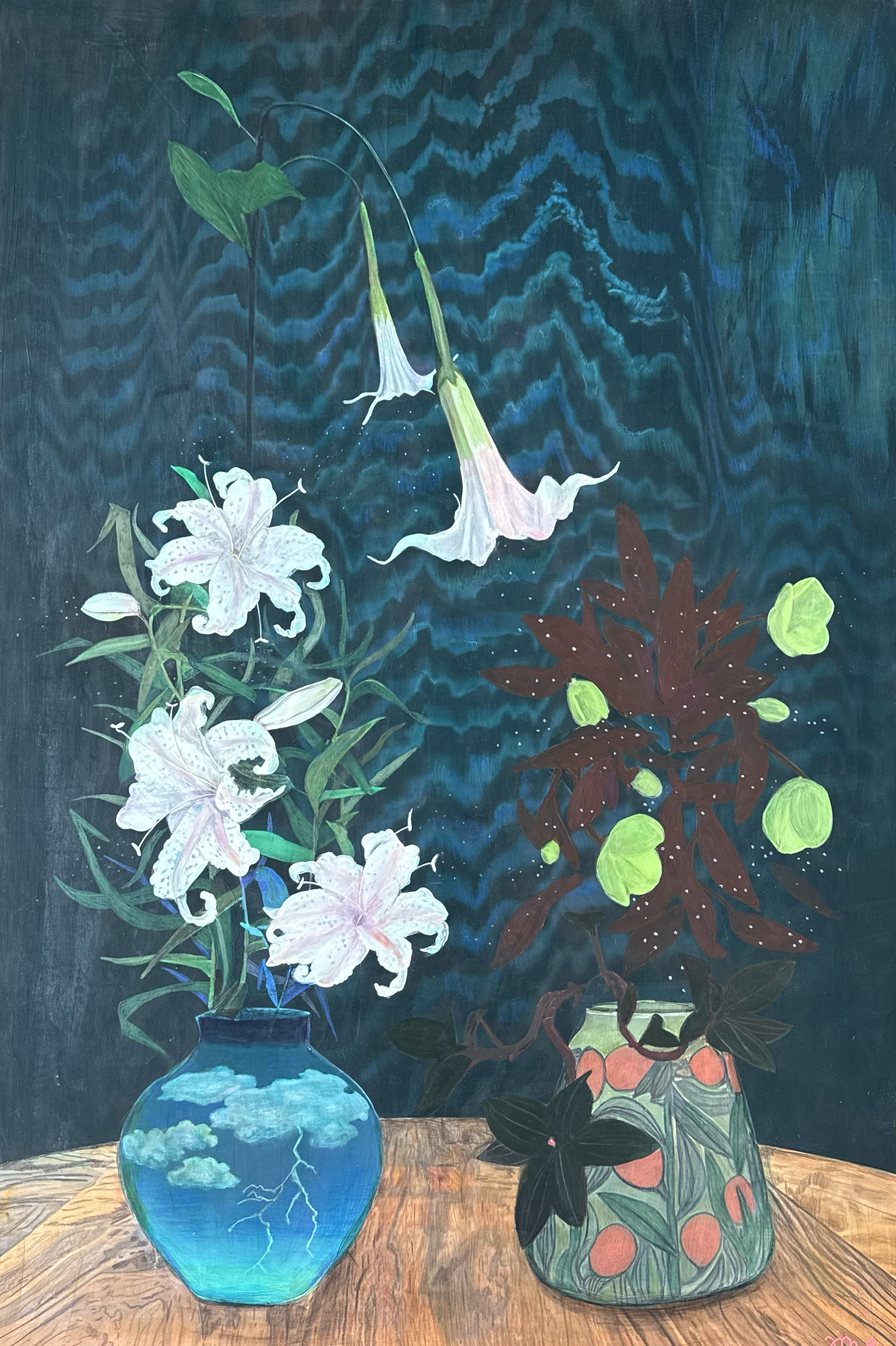 “Dreams in the Dark”
Acrylic and Oil Pencil on Paper mounted on board
36” × 24” — $3200

Lilies symbolize rebirth, devotion, and the return of softness after suffering.  Trumpet flowers carry spirituality, higher consciousness, and divine  connection