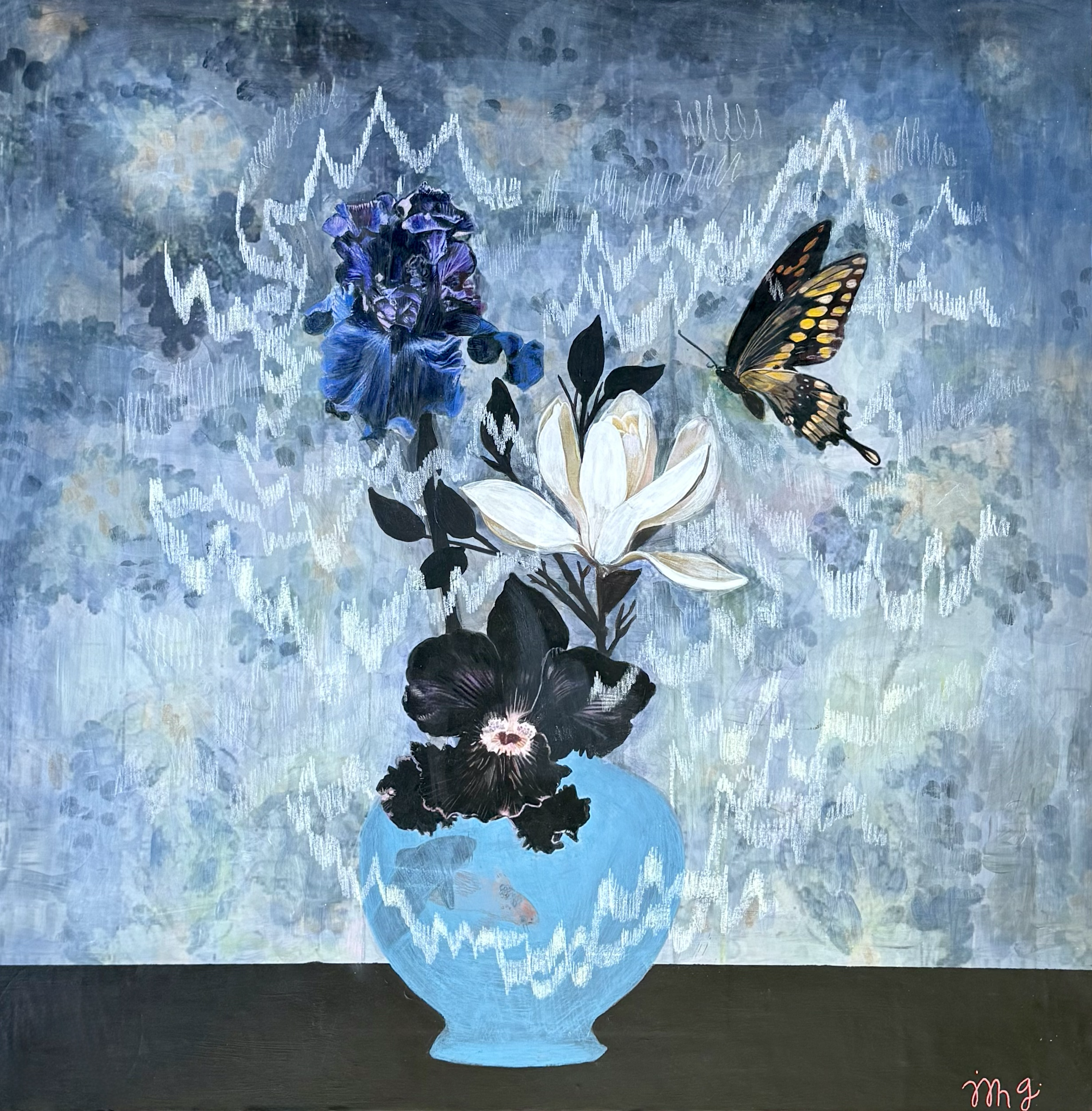 “The Shape of Quiet Things”
Acrylic and Oil Pencil on Paper mounted on board
24” × 24” — $3200

Black orchids symbolize mystery, transformation, rarity, and the beauty held within the unknown. Magnolias carry endurance, dignity, and feminine strength