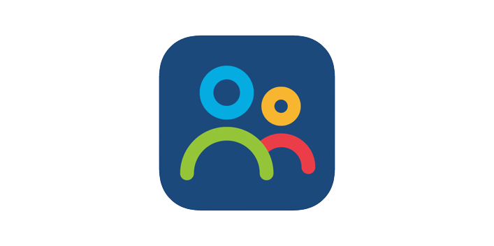 Icon with three abstract faces in blue, green, and red circles on a dark blue background.
