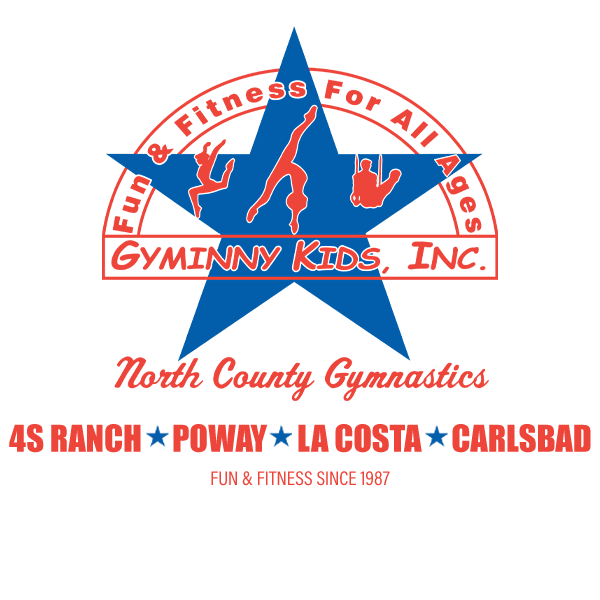 Logo for UNY Kids featuring a kangaroo, a child on a swing, and text listing locations 4S RANCH, POWAY, LA COSTA, CARLSBAD, with the tagline 'FUN & FITNESS SINCE 1987'.