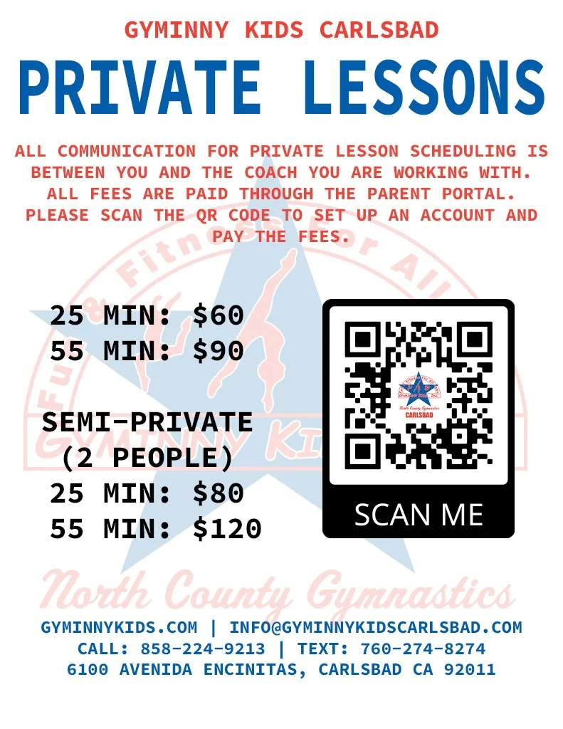 Flyer for Gym Kids Carlsbad private gymnastics lessons with pricing, QR code for account setup, and contact information.