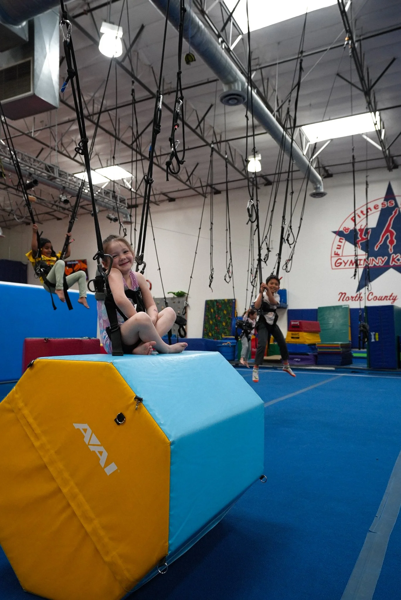 Kids enjoying a trapeze swing at an indoor gym, smiling and having fun.