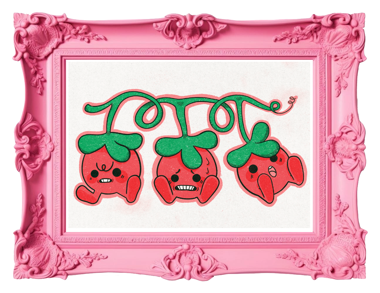 Cartoon illustration of three tomatoes with faces hanging from green vines in a pink ornate frame.