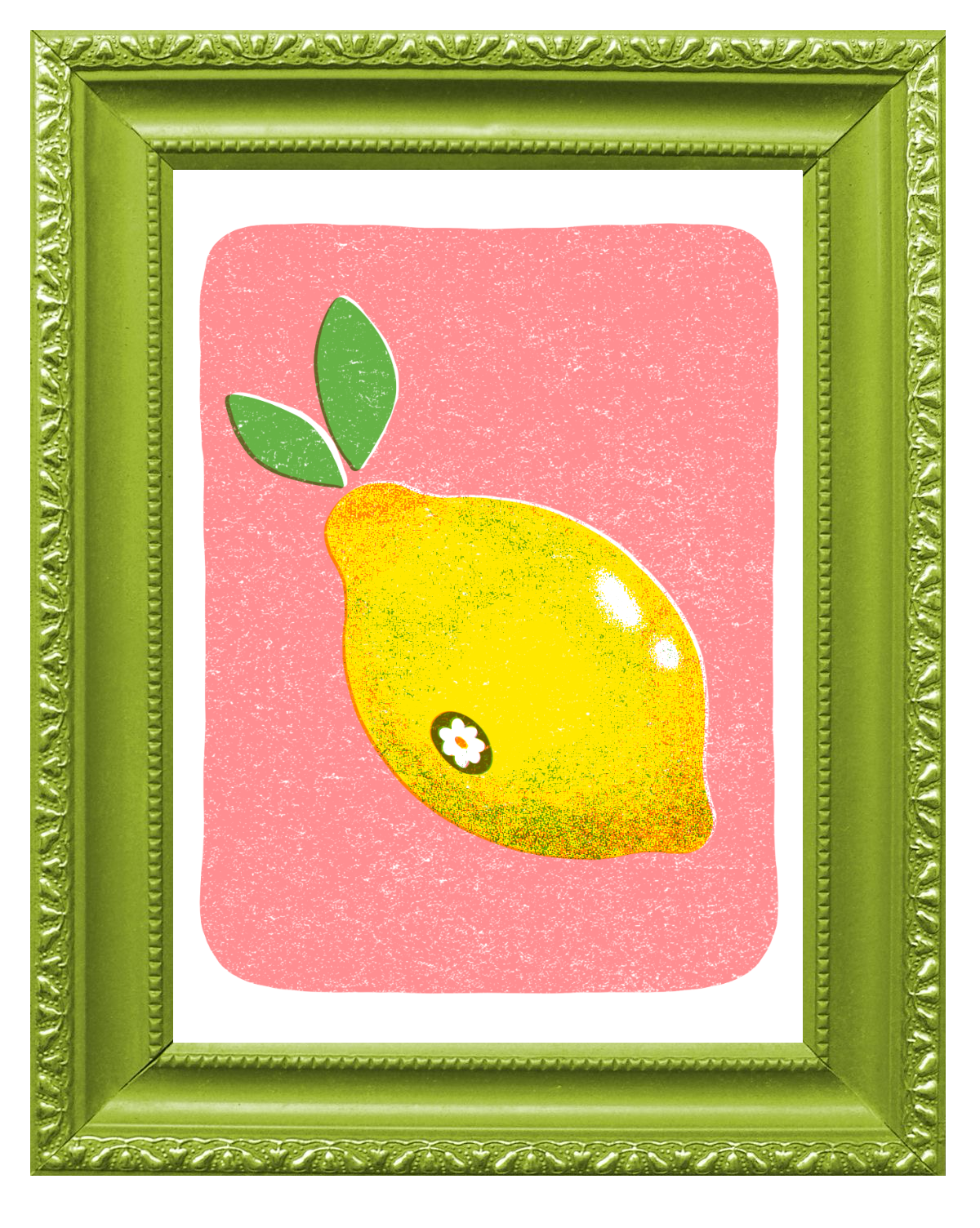 A framed illustration of a yellow lemon with two green leaves on a pink background.