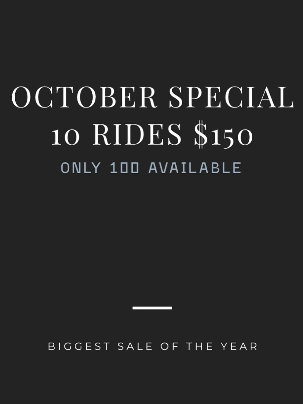📣OCTOBER SPECIAL 📣

10 RIDE PACKAGE for $150 (regular price $199)

ONLY 100 AVAILABLE 

check out our story highlight, link in bio, or in-studio! See you in the ride room this month 👀💛