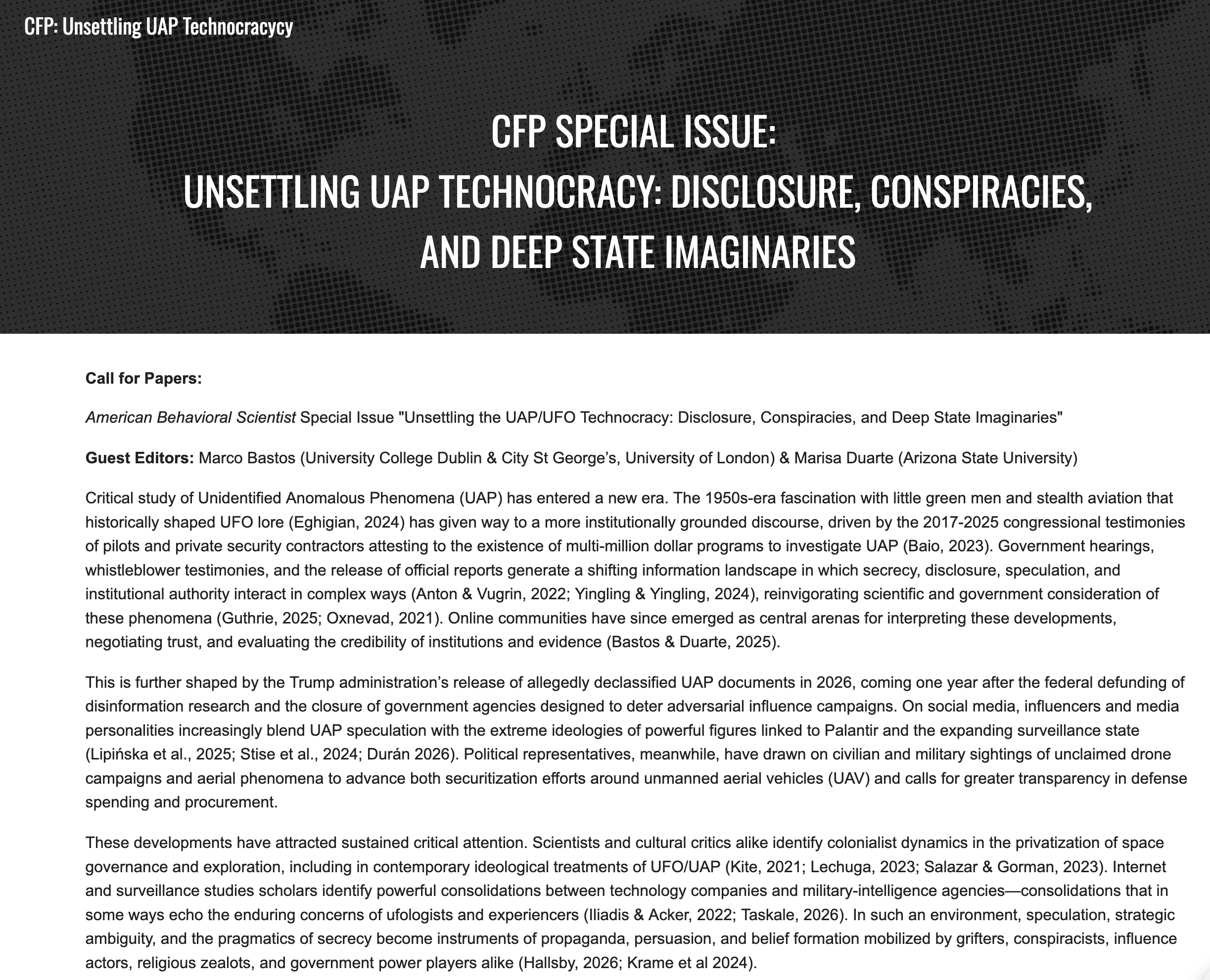 CFP Special Issue: Unsettling UAP Technocracy: Disclosure, Conspiracies, and Deep State Imaginaries