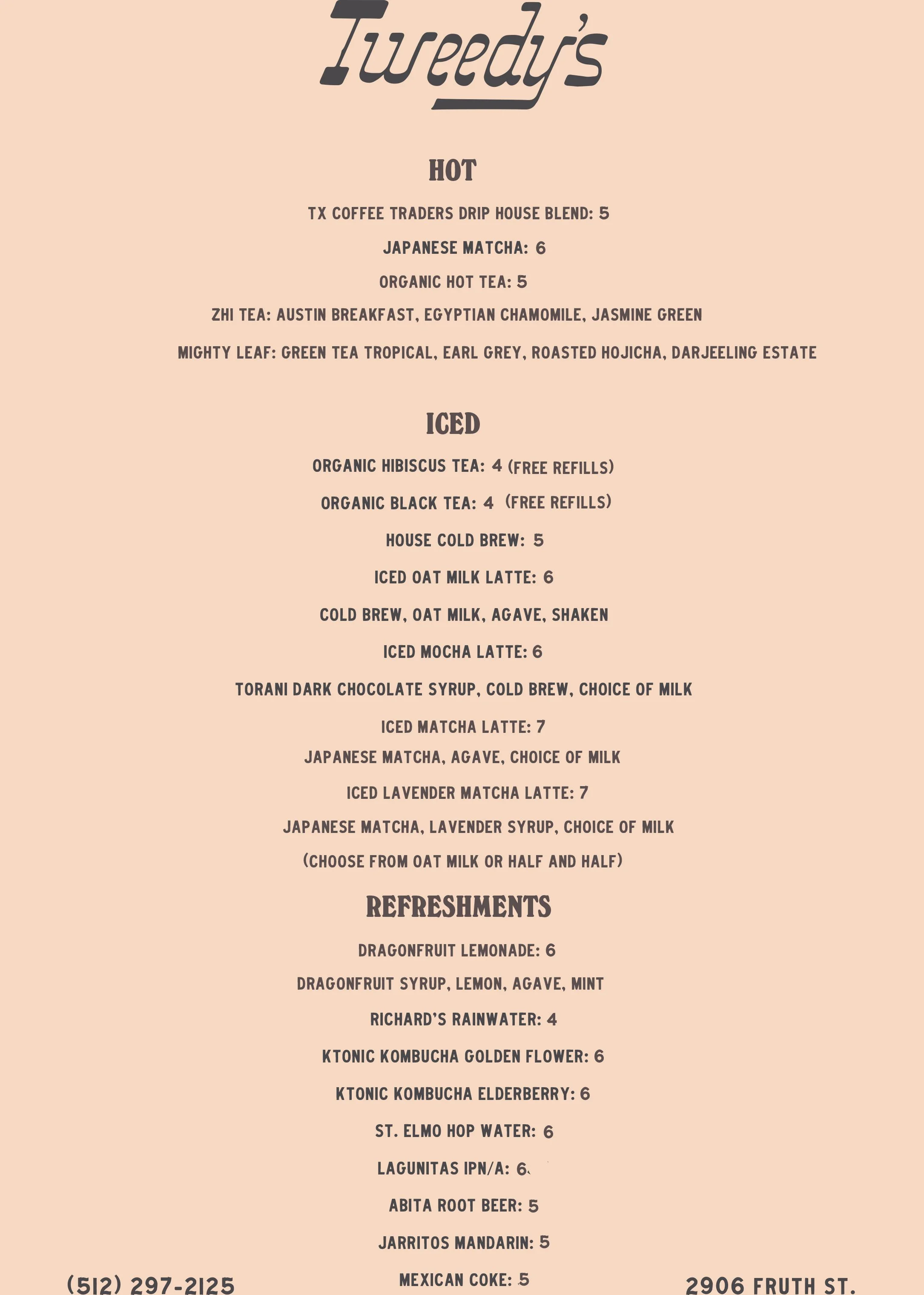 MENUS — Tweedy's Bar