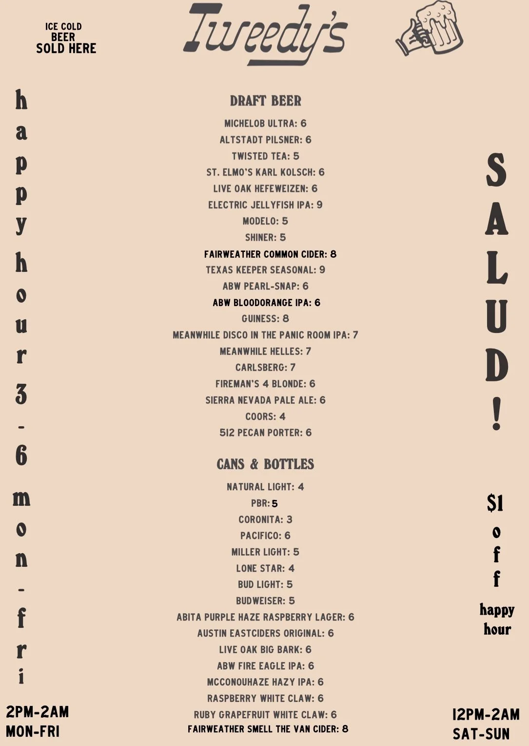 MENUS — Tweedy's Bar