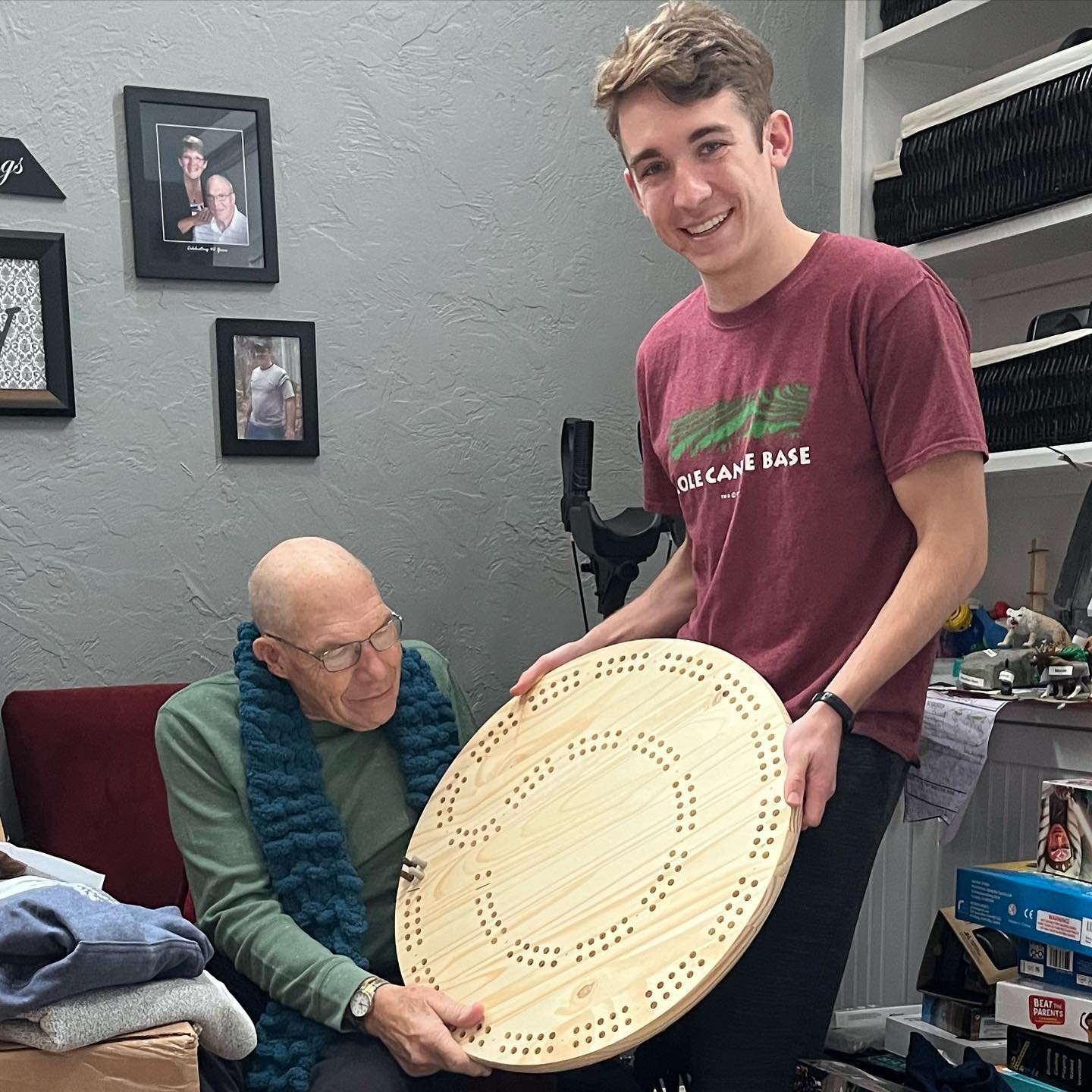 When I was little, my Grandpa used to build all sorts of stuff in his basement workshop, including a bookshelf and rocking airplane for me. This Christmas, I wanted to build something for him, so I made this large cribbage board.

Cribbage has always