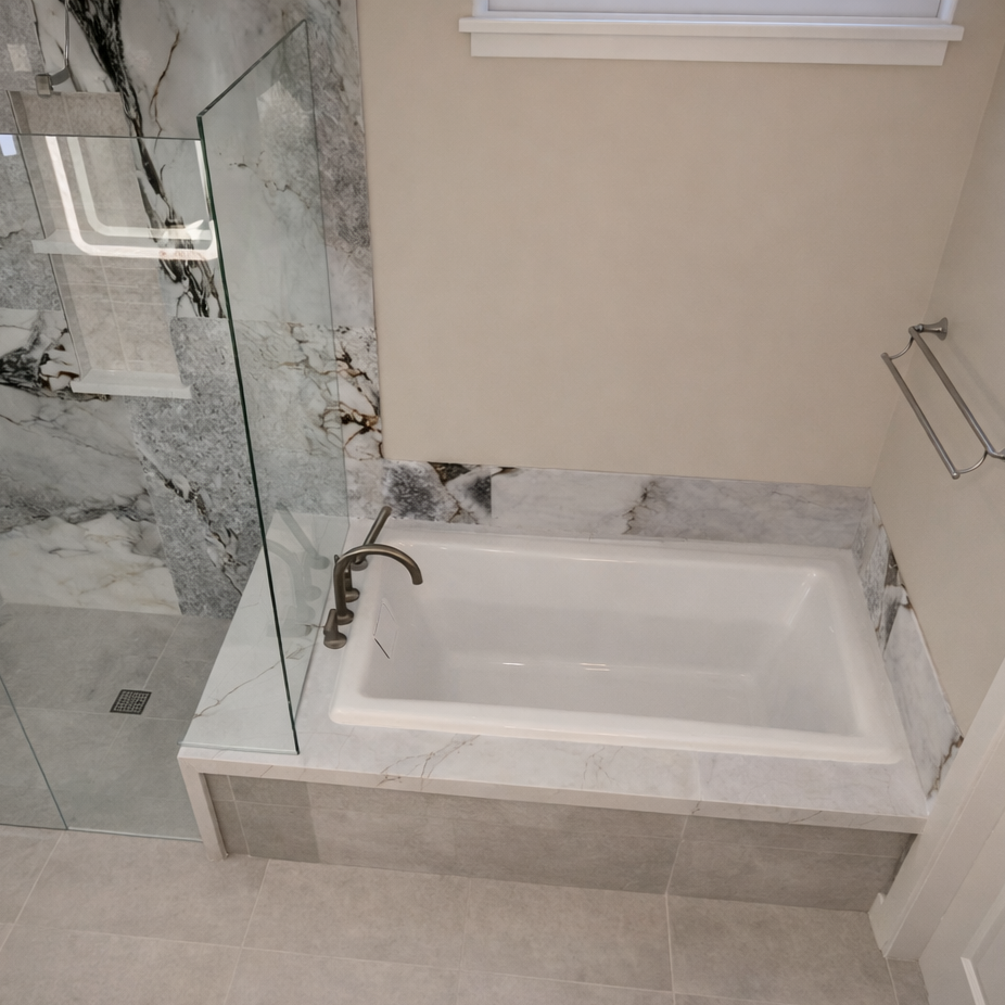 3D Rendering of deck mount tub with quartz deck and custom tile in primary bathroom renovation