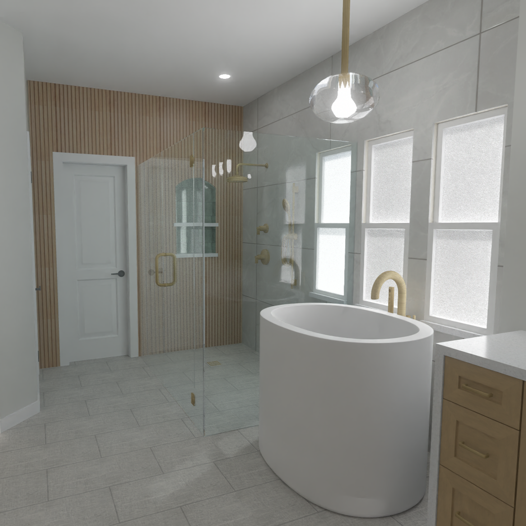 D rendering of Japanese soaking tub with zellige tile arched niche and natural wood vanity in primary bathroom