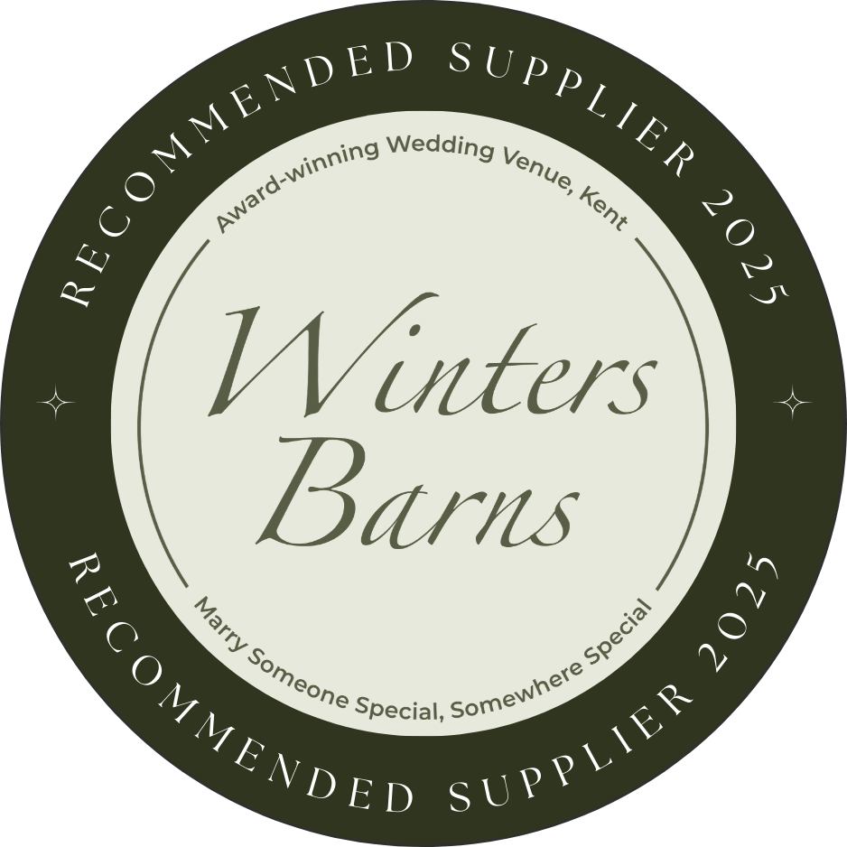 Circular logo for Winters Barn, a wedding venue in Kent. The outer ring reads 'Recommended Supplier 2025' repeatedly. The inner text says 'Award-winning Wedding Venue, Kent.' The center features the name 'Winters Barn' with the tagline 'Marry Someone Special, Somewhere Special.'