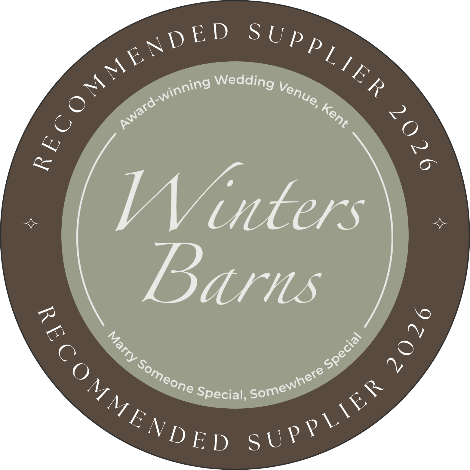 Circular logo for Winters Barn, a recommended supplier in 2026, featuring a grey inner circle with white text and a dark outer ring with white text, mentioning an award-winning wedding venue in Kent and a slogan about making someone special.