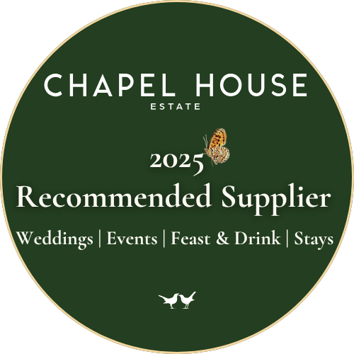 A green circular emblem with gold trim that reads "Chapel House Estate 2025 Recommended Supplier" and lists services like weddings, events, feast & drink, and stays, with a butterfly and two small birds images.