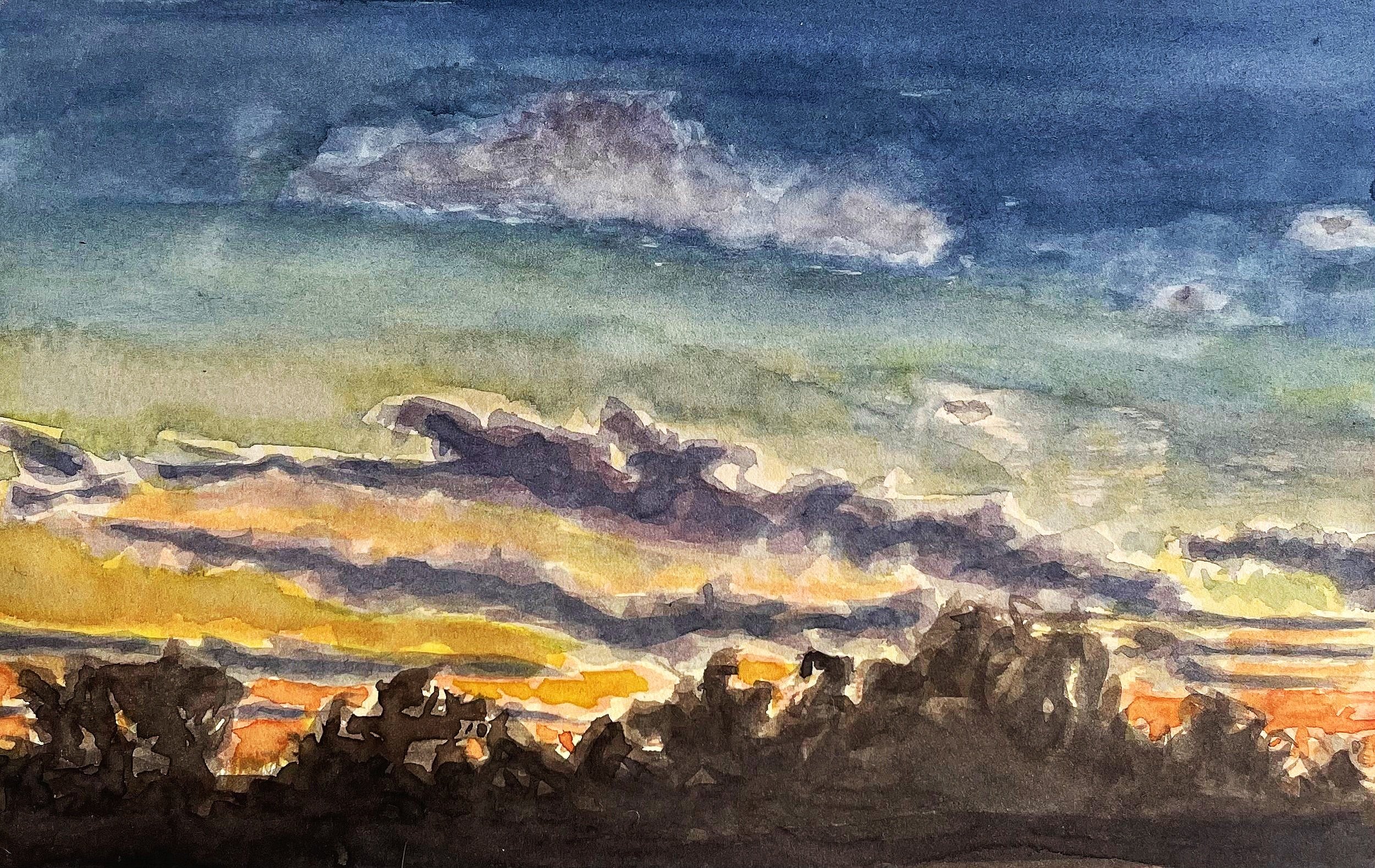   Late Sunset at Lisa’s,  Watercolor on Hotpress, 9” x 12”, 2022 