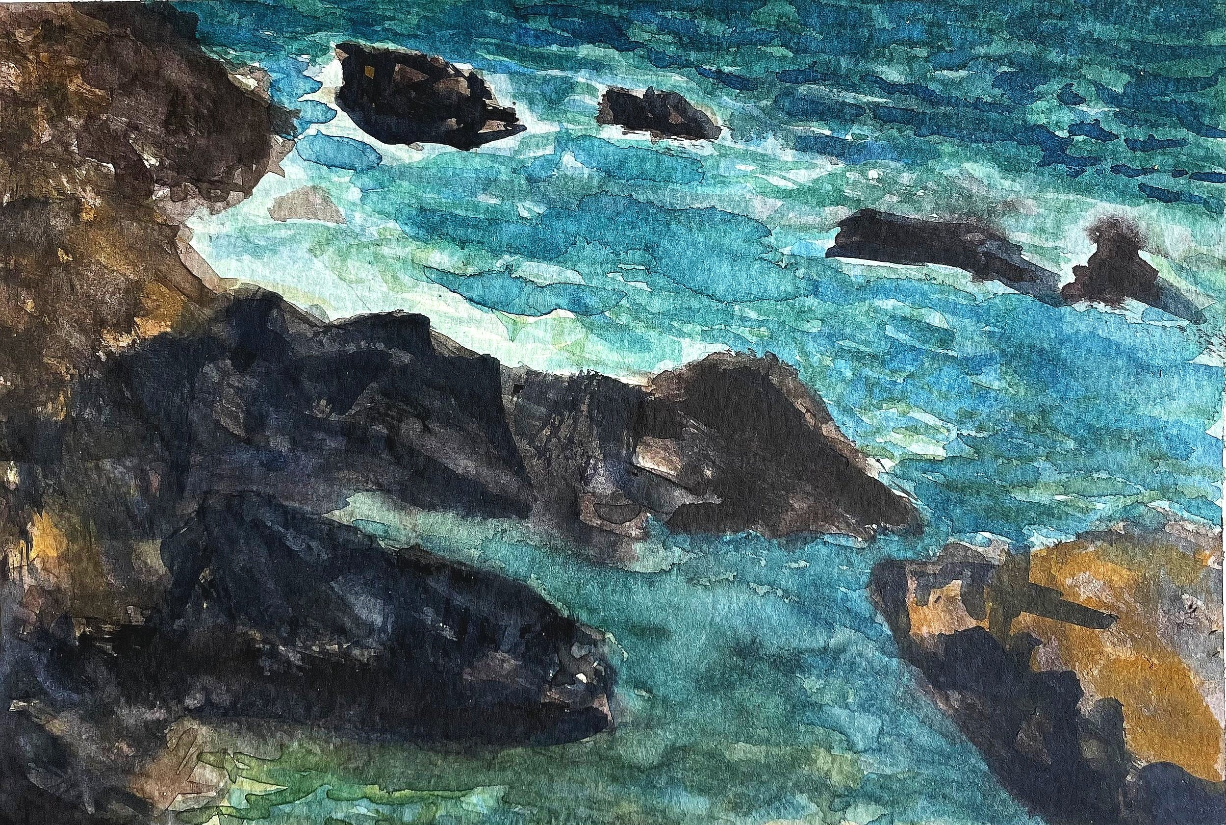   Rocky Coast Ogonquit,  Watercolor on Coldpress, 9” x 12” , 2022 