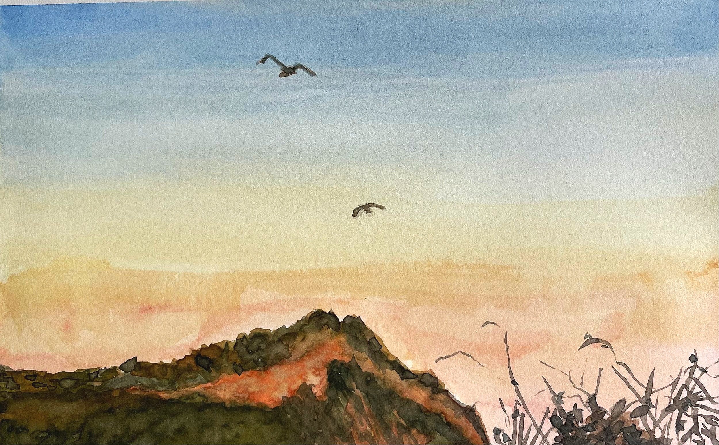   Walk at Sunset,  Watercolor on Hotpress, 9” x 12” , 2022 
