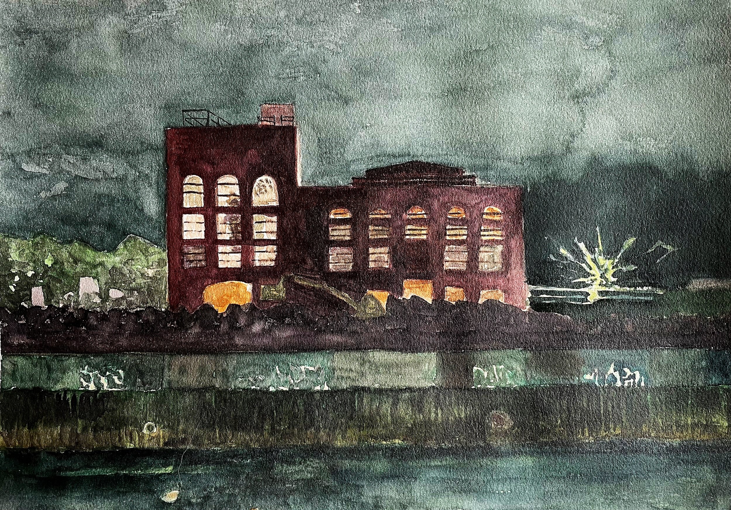   Nighttime on the Gowanus,  Watercolor on Coldpress, 12” x 16”, 2022 