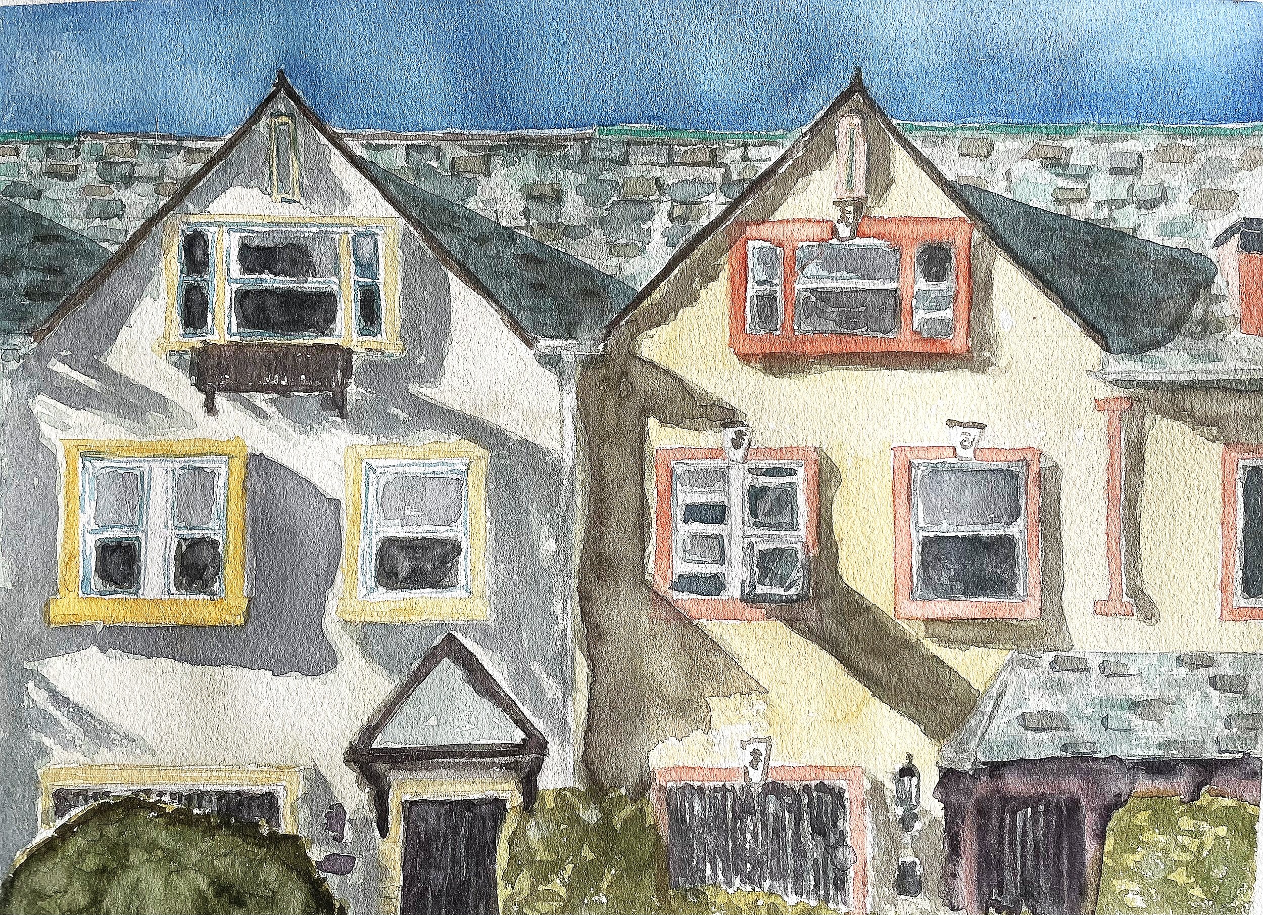   Row House in Flatbush , Watercolor on Coldpress, 12” x 16”, 2022 