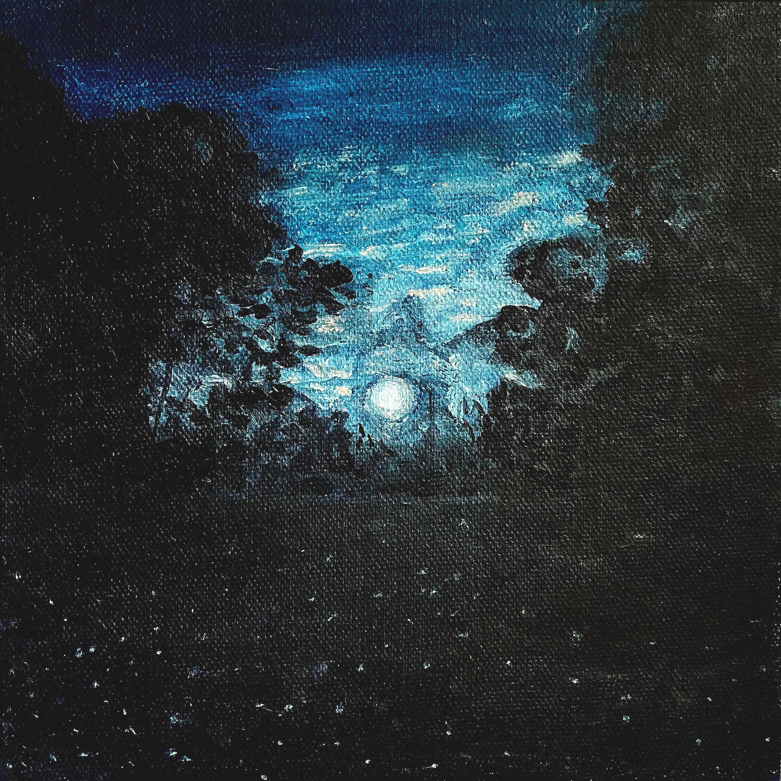   Full Moon with Fireflies in a Field,  Oil on Canvas, 8” x 8”, 2022 