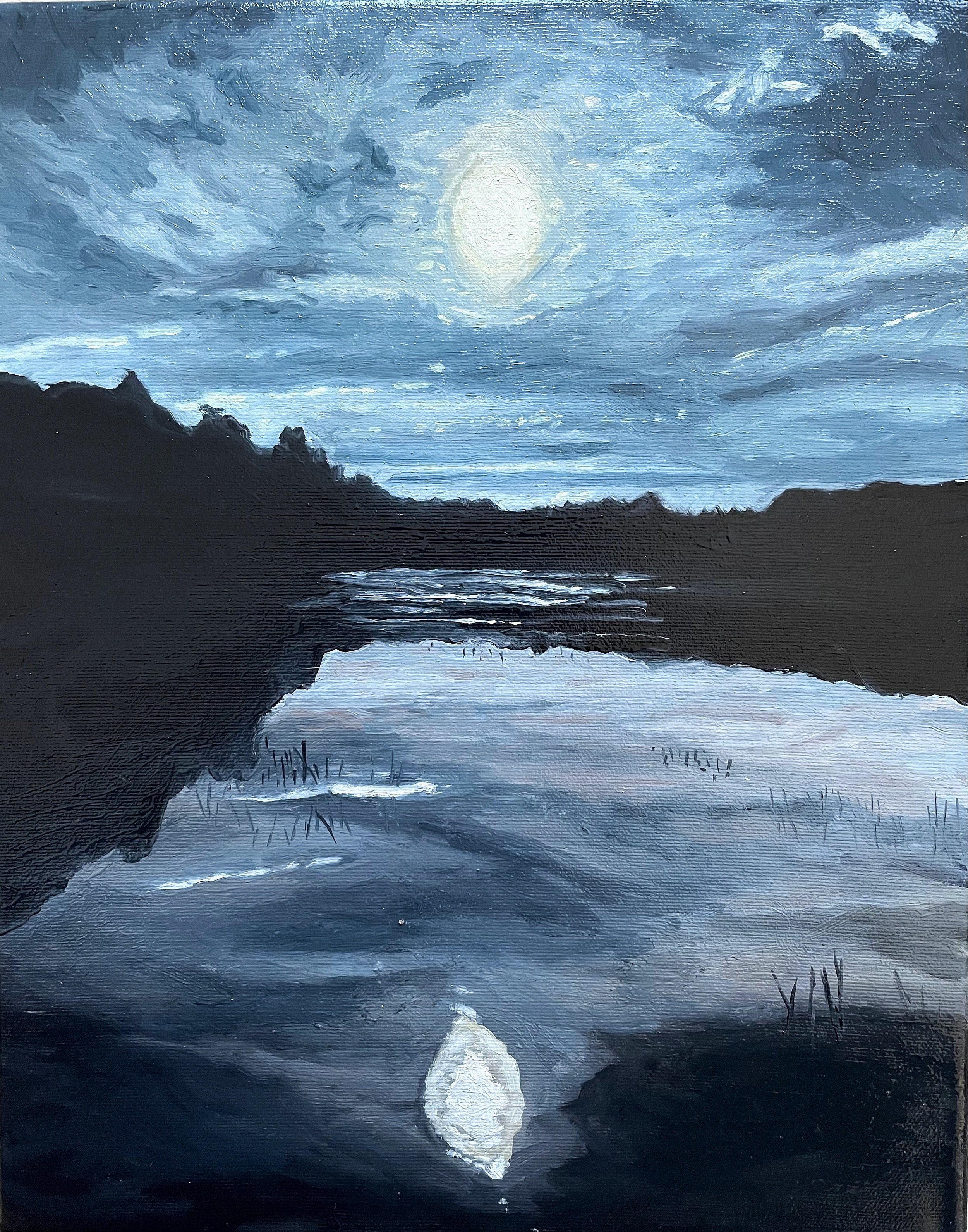   Full Moon on the Pamet,  Oil on Canvas, 14” x 11”, 2022 